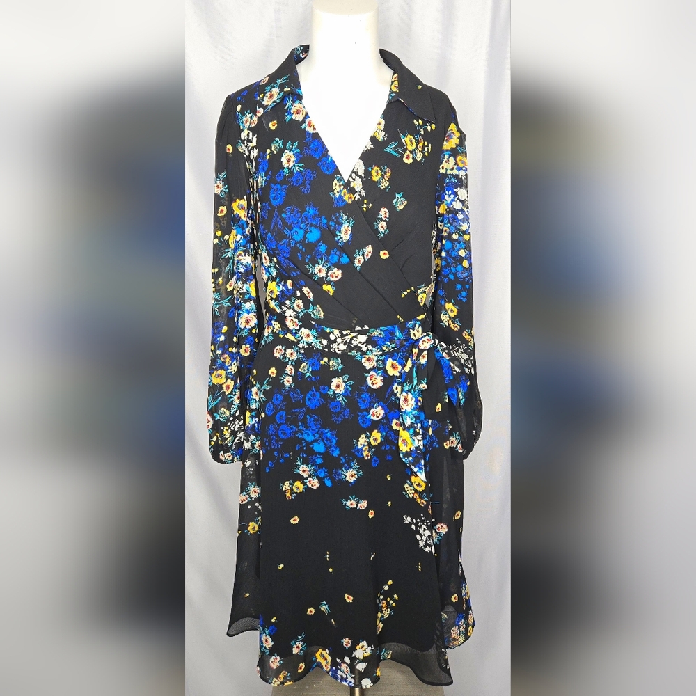 Dkny Black Floral Wrap Dress with Blue & Yellow Accents - Picture 5 of 14